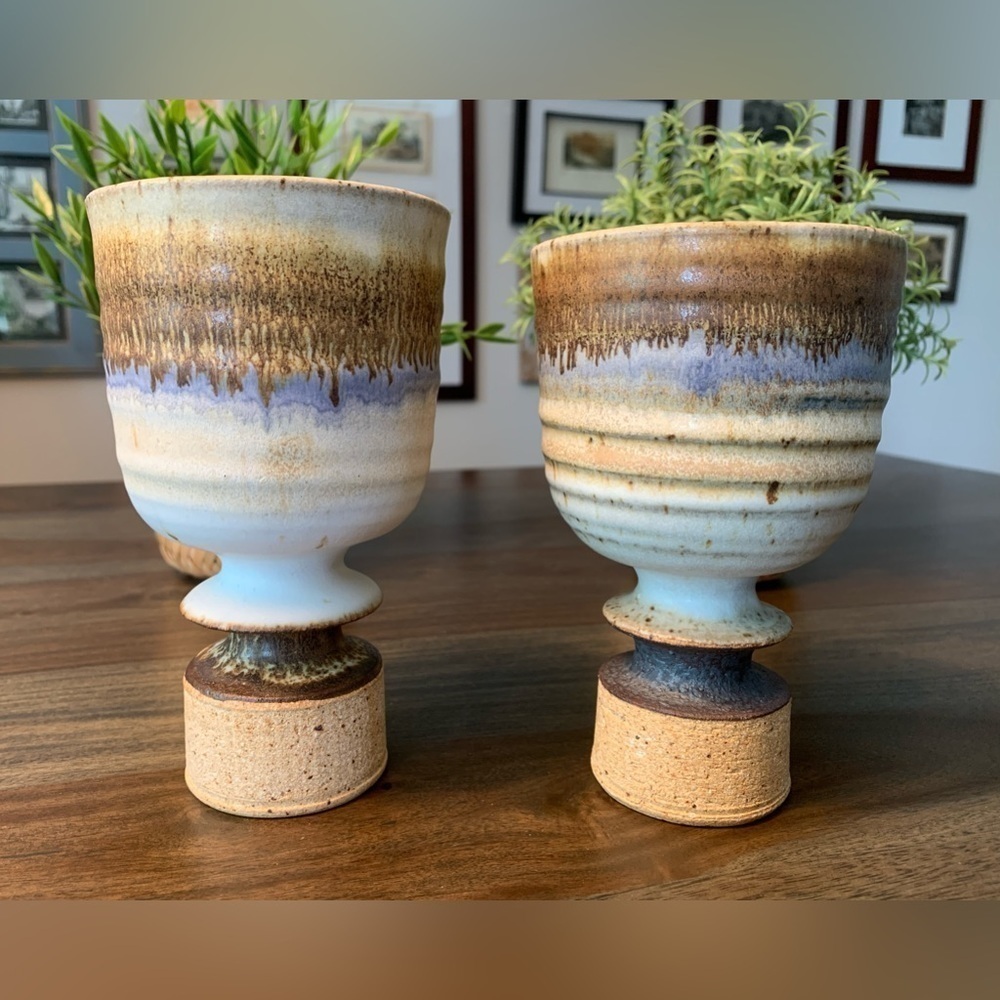 Pair of Signed KIH Or KIN Studio Pottery Mugs Cups Vintage Blue Brown Beige OOAK